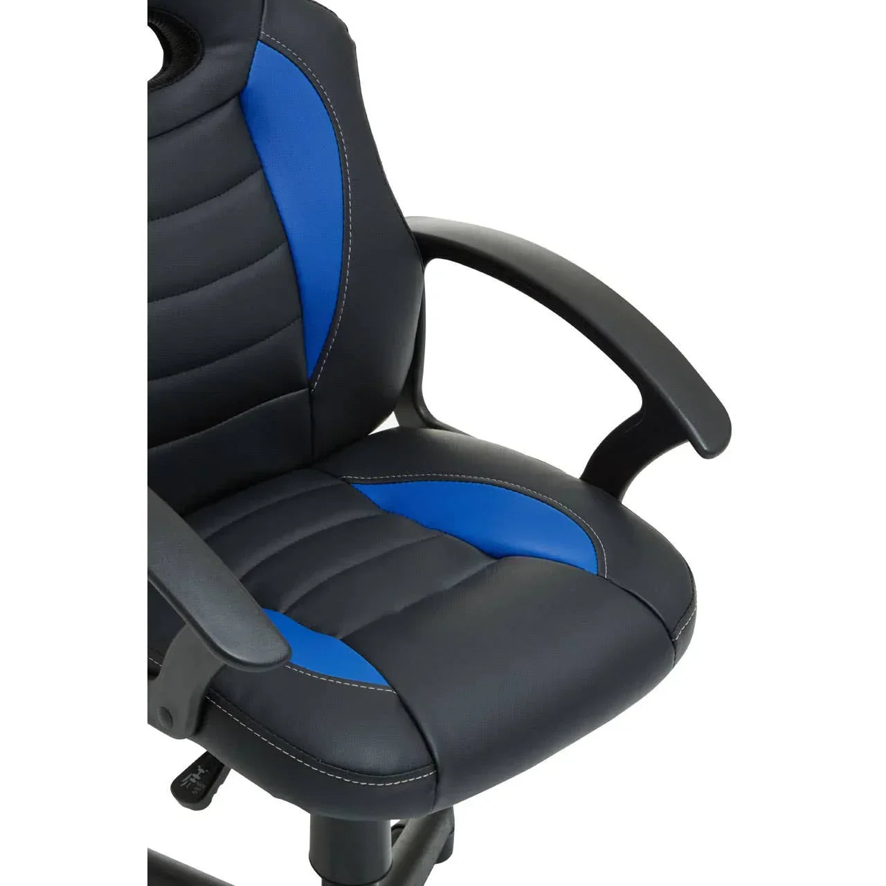 Black and blue office chair with padded seat, ergonomic armrests and contrast stitching