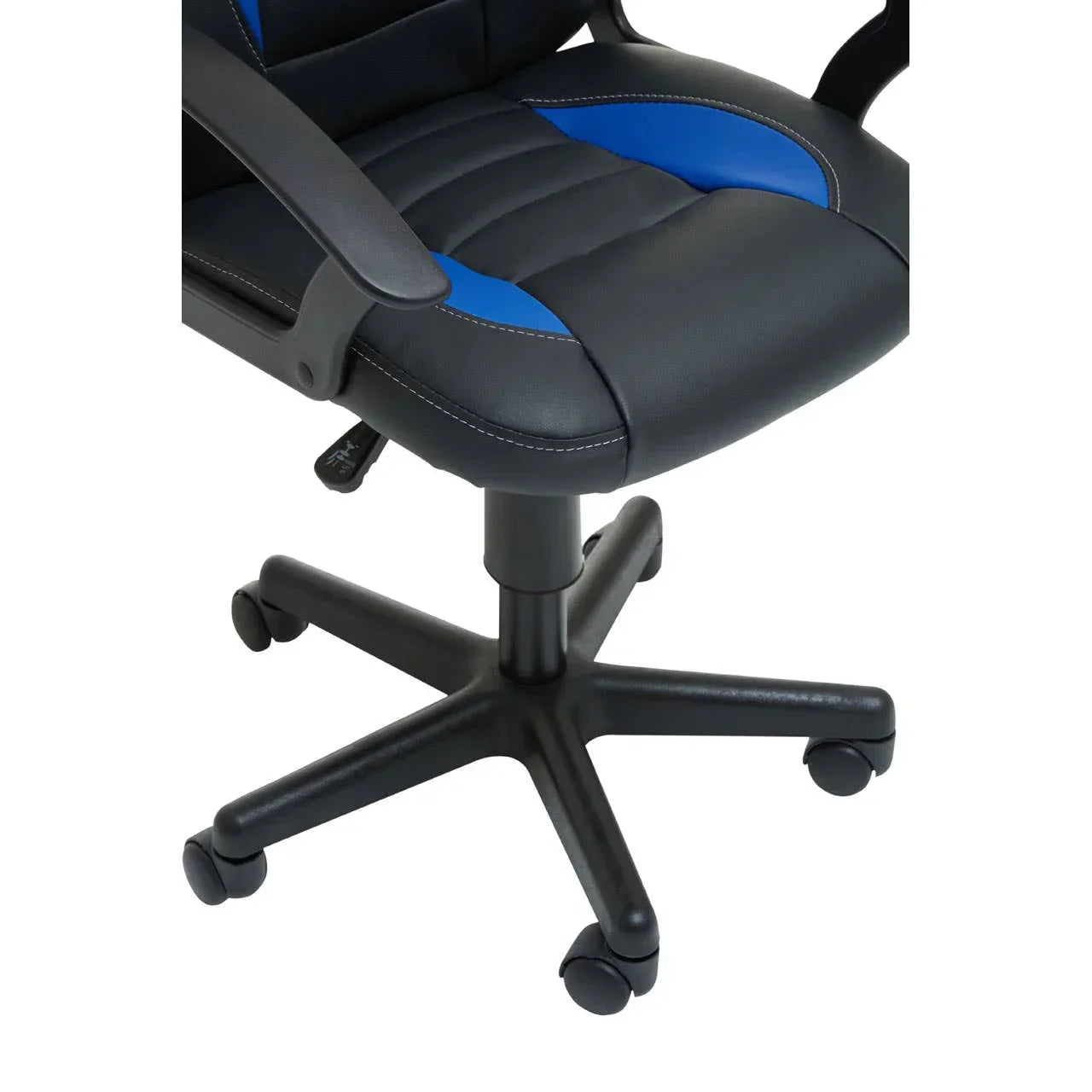 Black office chair with blue panels and swivel base on castor wheels