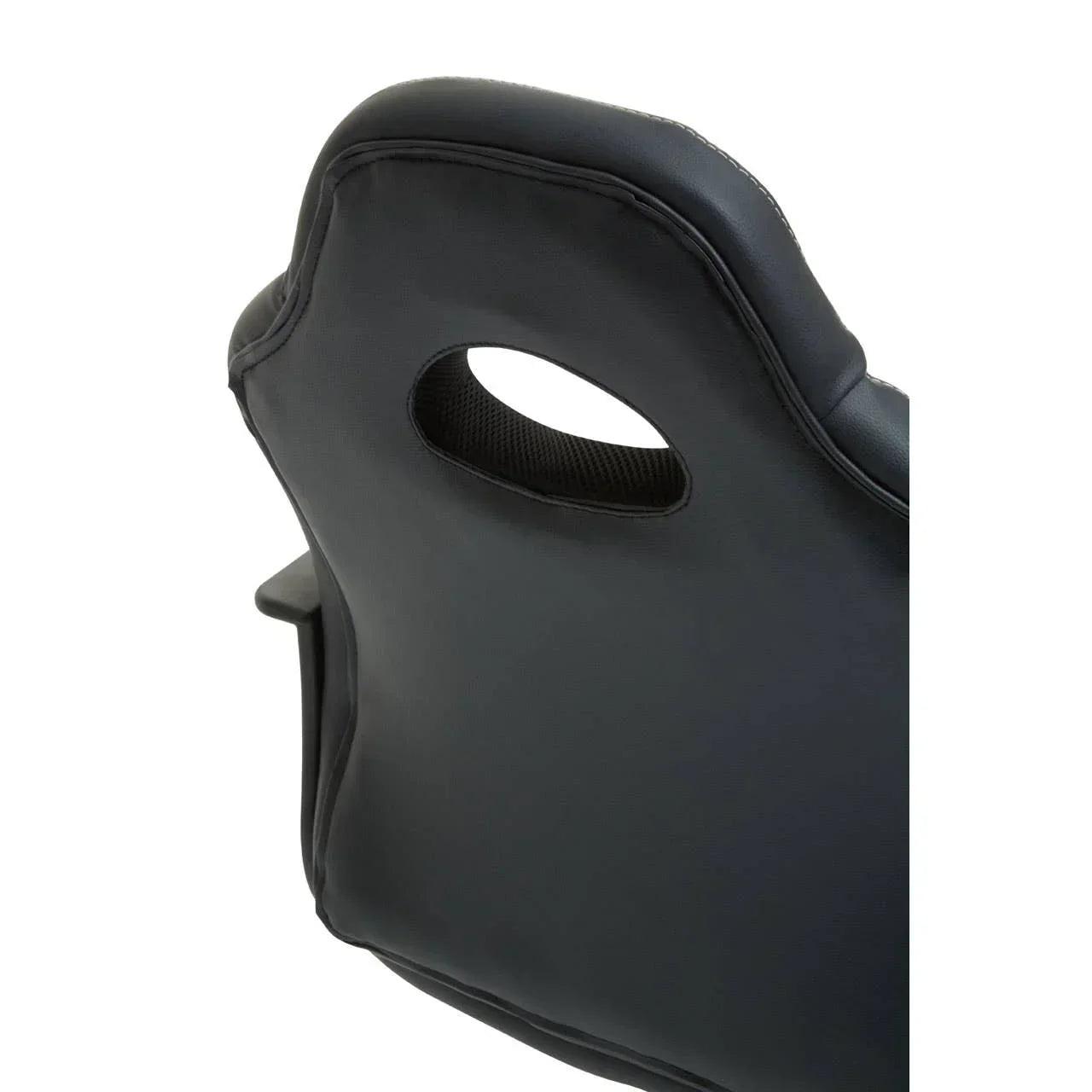 Close up of black faux leather dining chair backrest with cutout handle