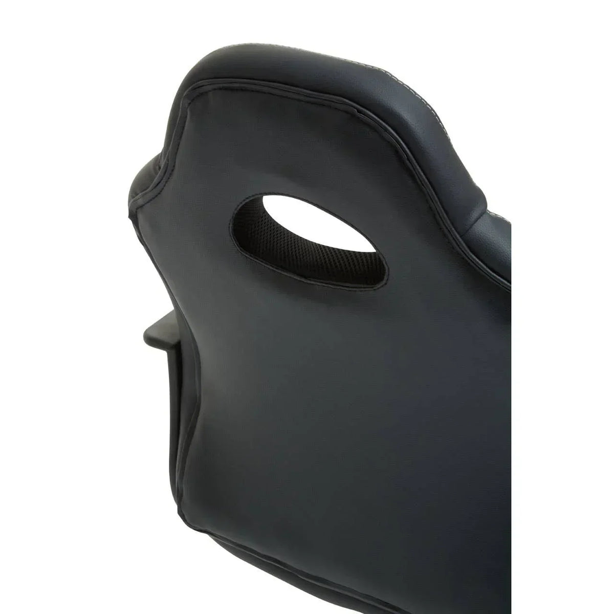 Close up of black faux leather dining chair backrest with cutout handle