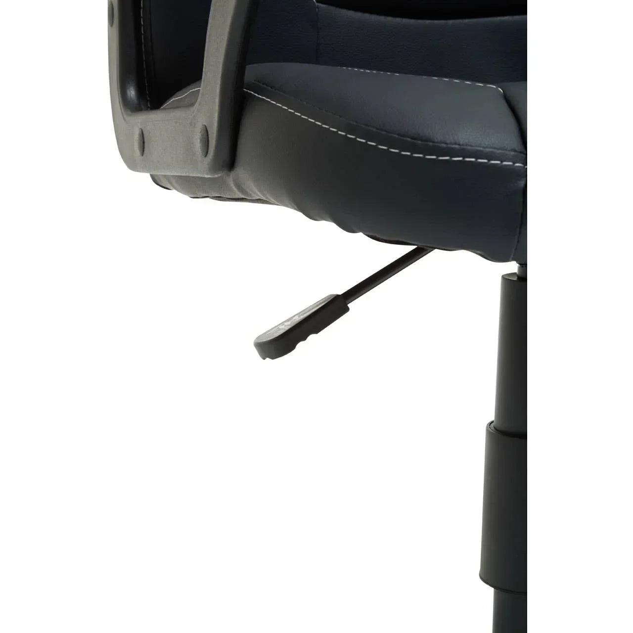 Black leather office chair with armrest and adjustable seat lever close-up