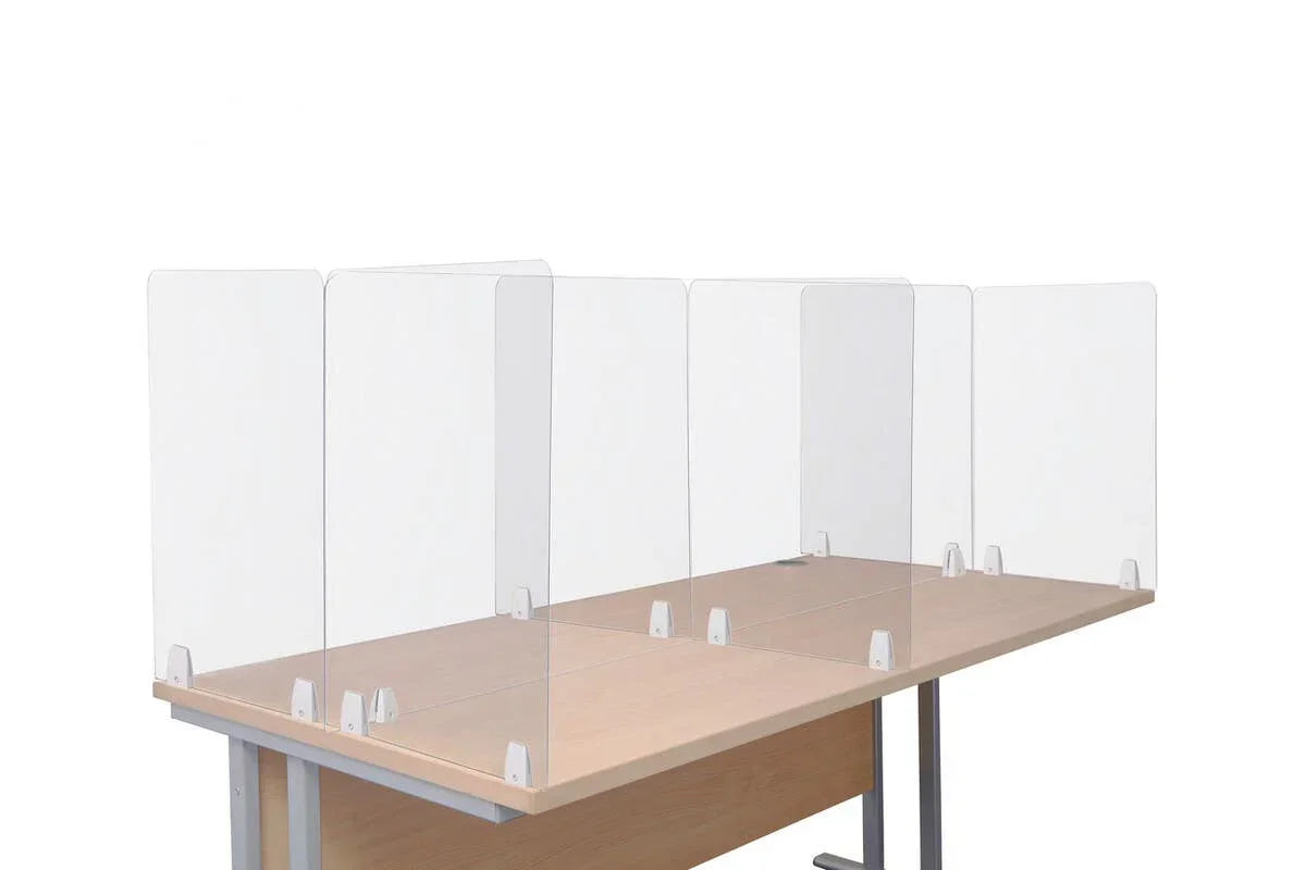 Wooden desk with clear acrylic divider screens for workspace separation
