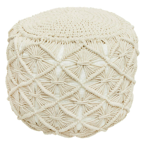 A round, knitted pouffe in a soft cream color, featuring a textured pattern with crisscrossed yarn details on the sides and a flat top. The pouffe is designed for versatile use as a footrest or additional seating in home decor