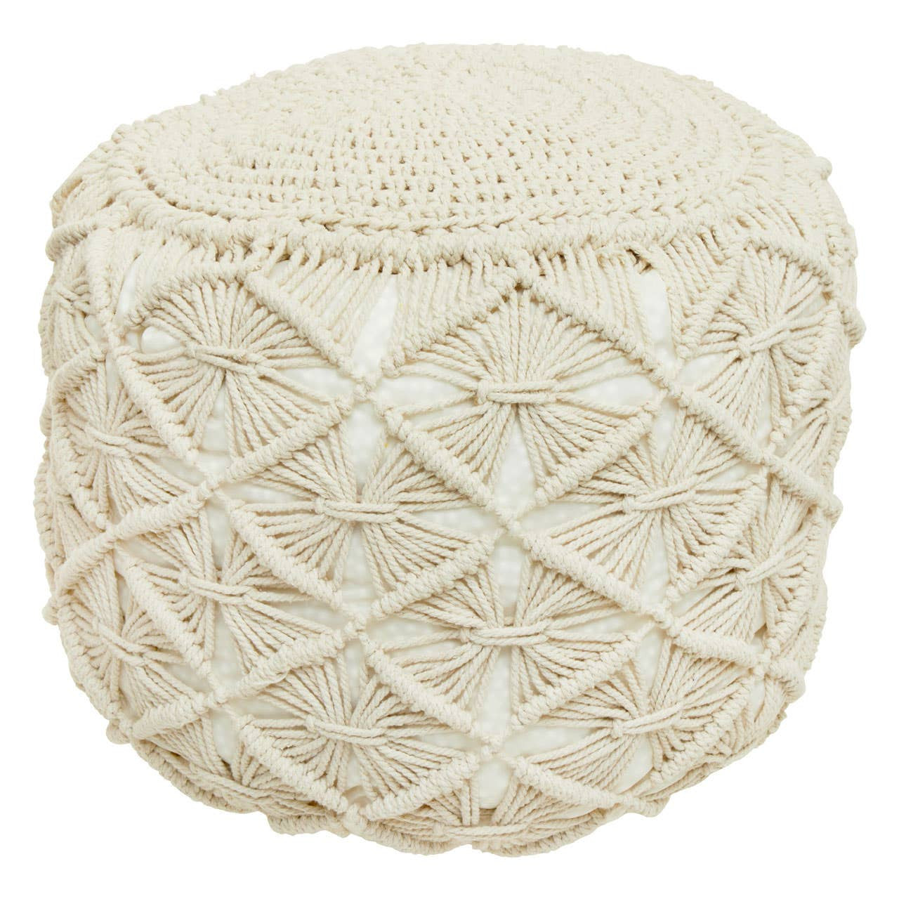A round, knitted pouffe in a soft cream color, featuring a textured pattern with crisscrossed yarn details on the sides and a flat top. The pouffe is designed for versatile use as a footrest or additional seating in home decor