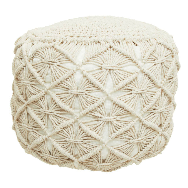 A round, knitted pouffe in a soft cream color featuring a textured, crisscross pattern on the exterior, designed for use as a footrest or additional seating in a home setting