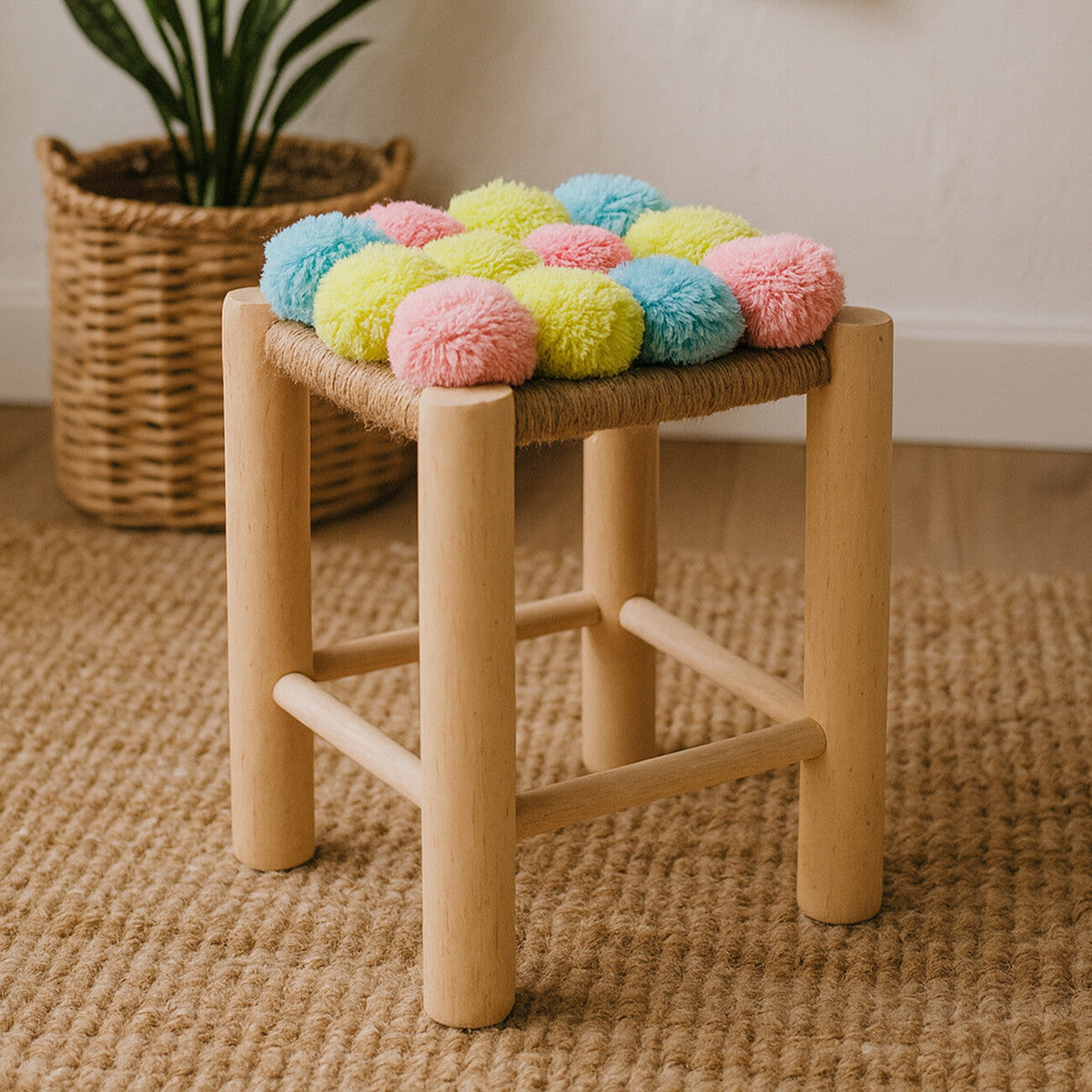 A wooden stool with a light natural finish, featuring a colorful top adorned with pink, blue, and yellow pom poms. The stool has four sturdy legs and is placed on a textured natural fiber rug, with a woven basket and a plant visible in the background