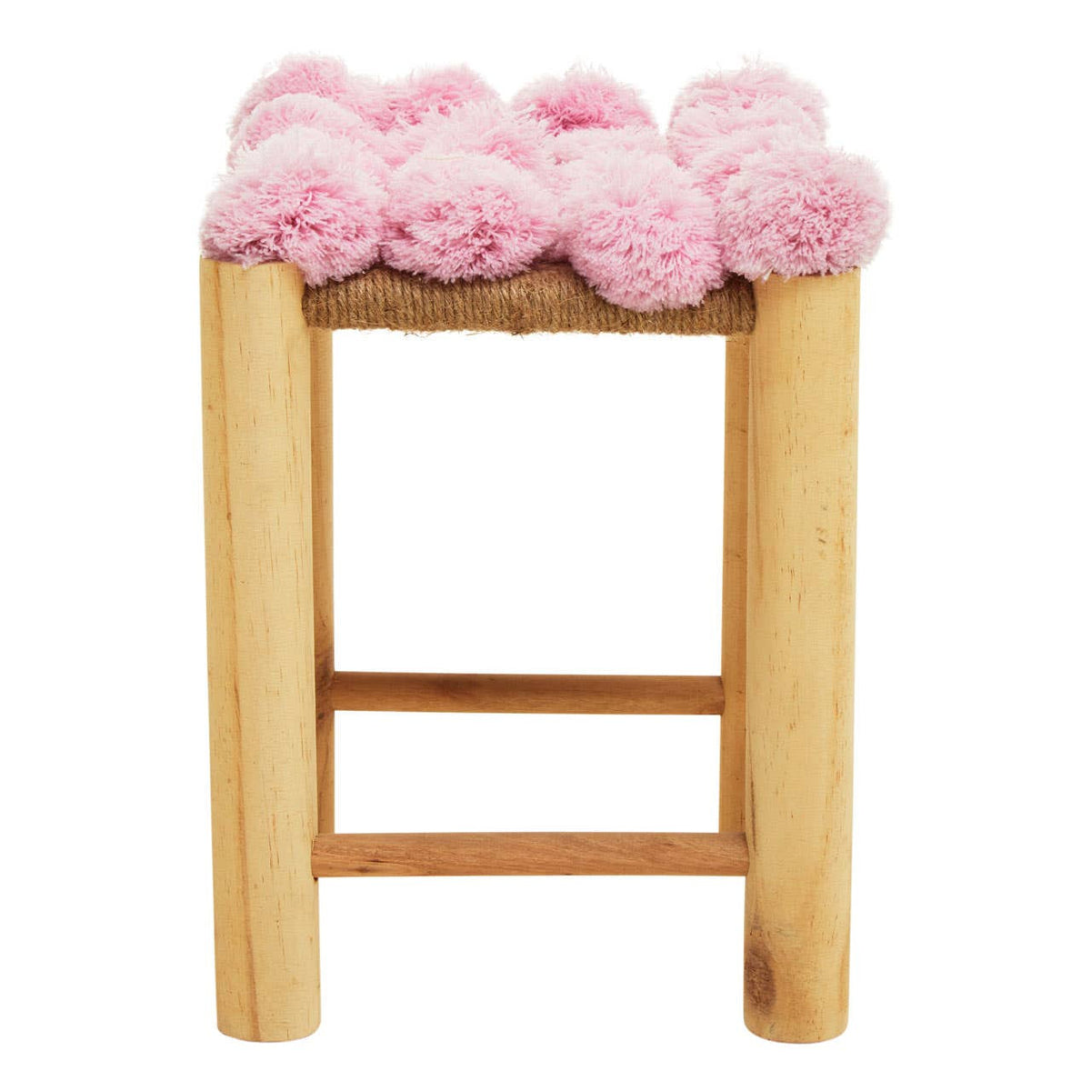 A wooden stool with a natural finish featuring a top covered in soft pink pom poms, creating a playful and whimsical design. The stool has a simple, sturdy structure with a horizontal support bar between the legs