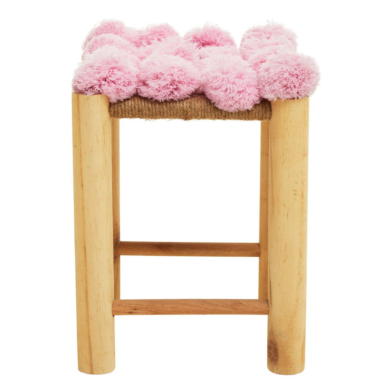 A wooden stool with a natural finish featuring a top covered in soft pink pom poms, creating a playful and whimsical design. The stool has a simple, sturdy structure with a horizontal support bar between the legs