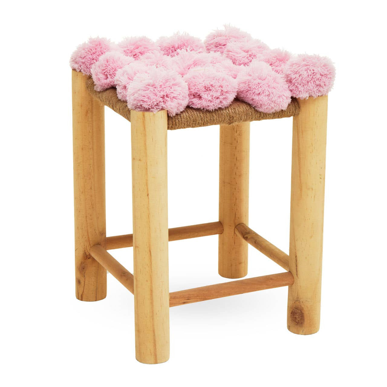 A wooden stool with light-colored legs and a top adorned with fluffy pink pom poms, creating a playful and whimsical design
