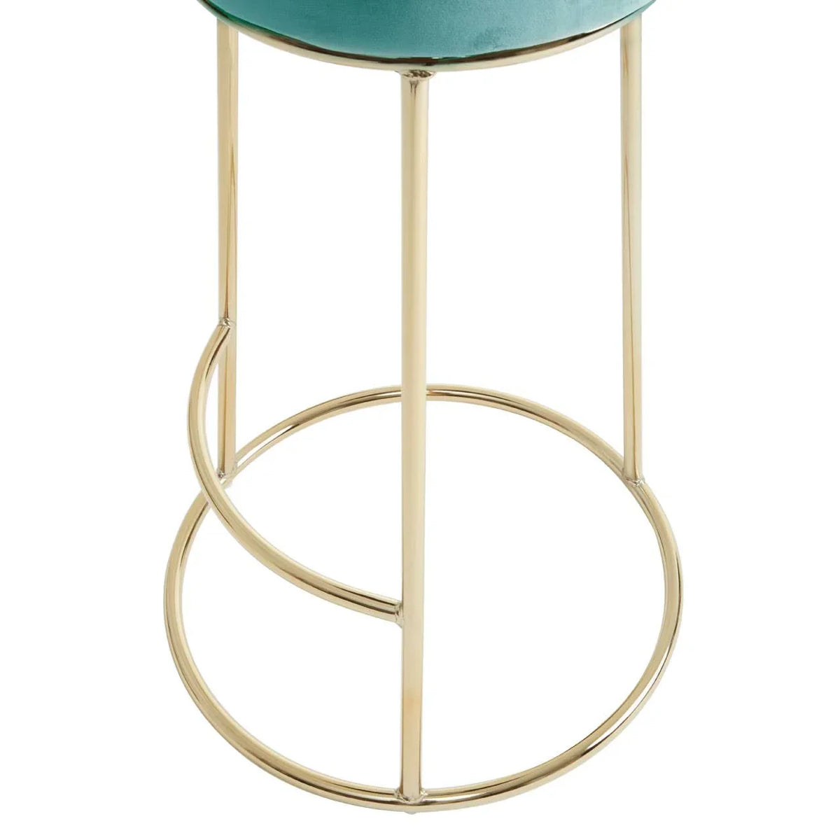 Green velvet bar stool with gold metal frame and circular footrest