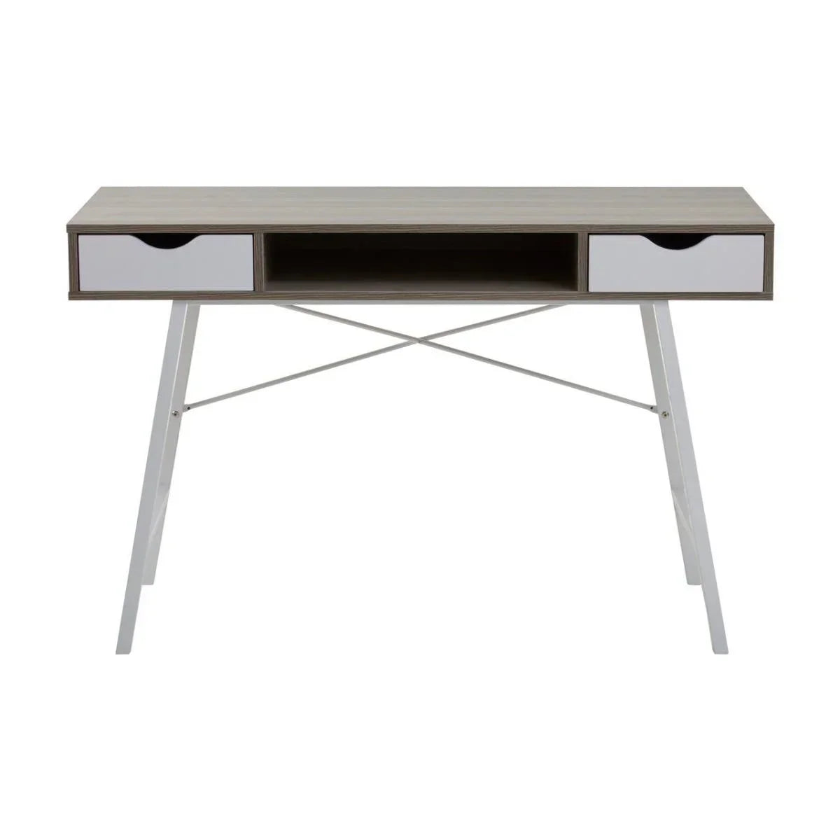Modern home office desk with light wood top, two white drawers, metal legs and open shelf
