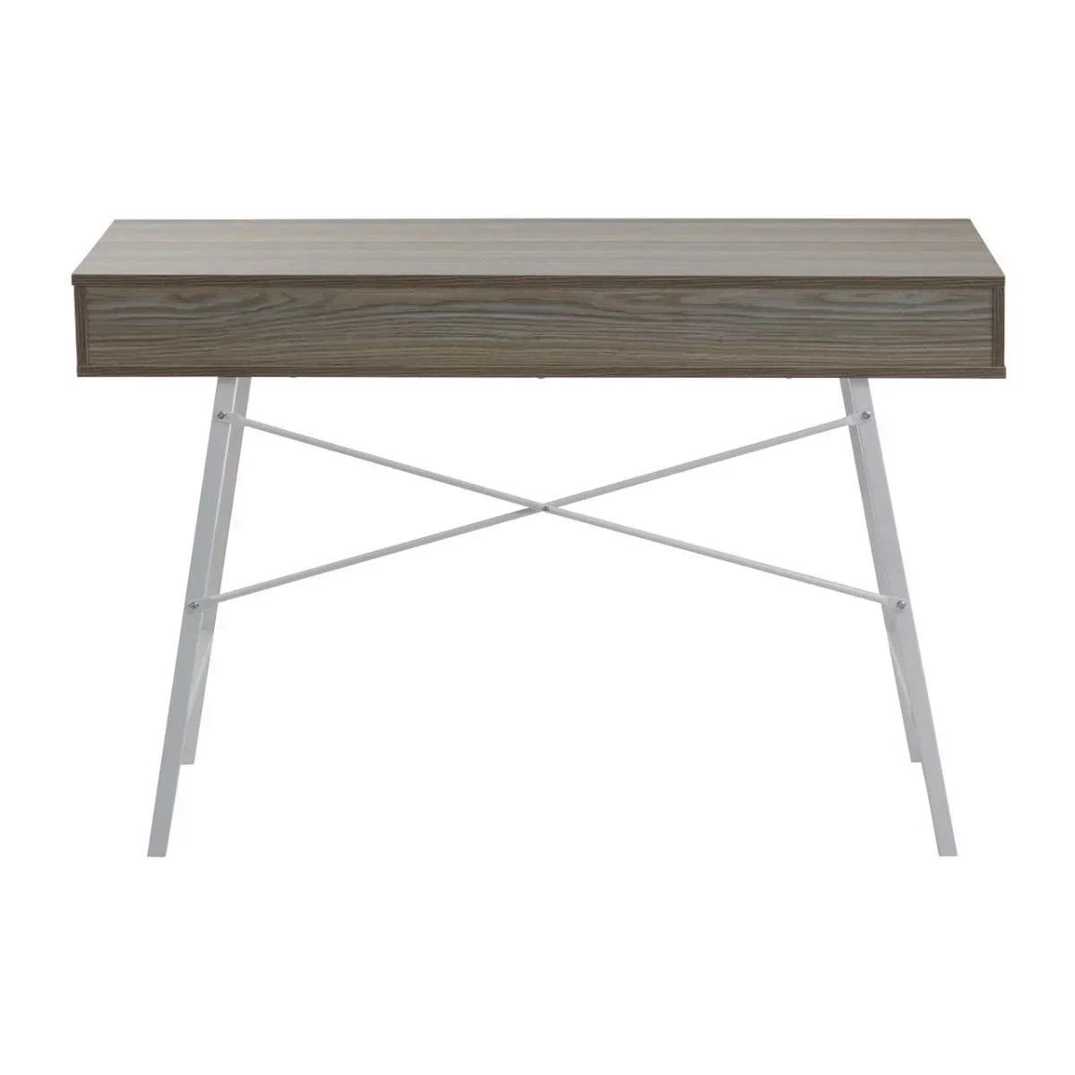 Modern wooden desk with slim white metal legs and single drawer, front view