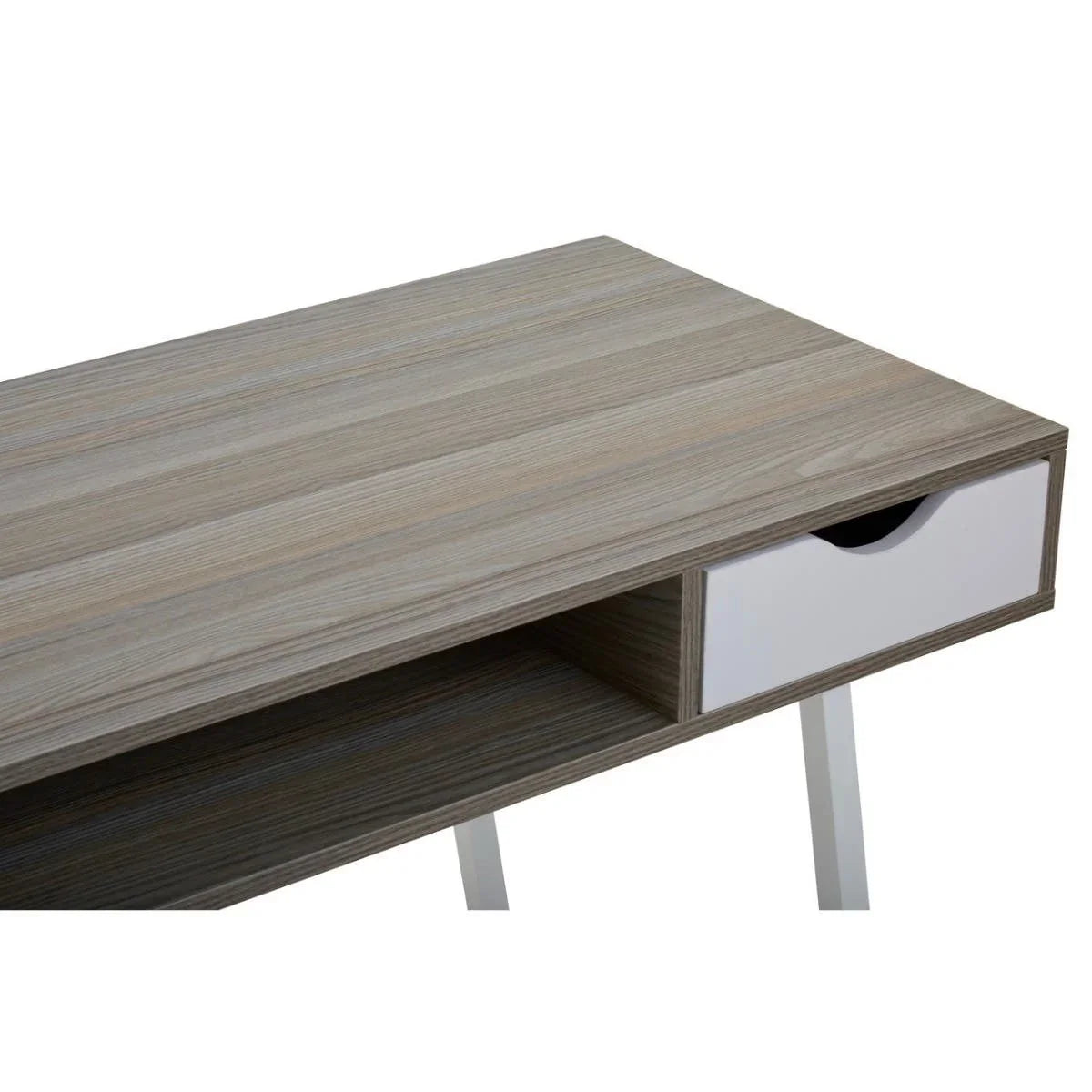 Oak effect desk with white drawer and open shelf, angled legs visible, viewed from corner