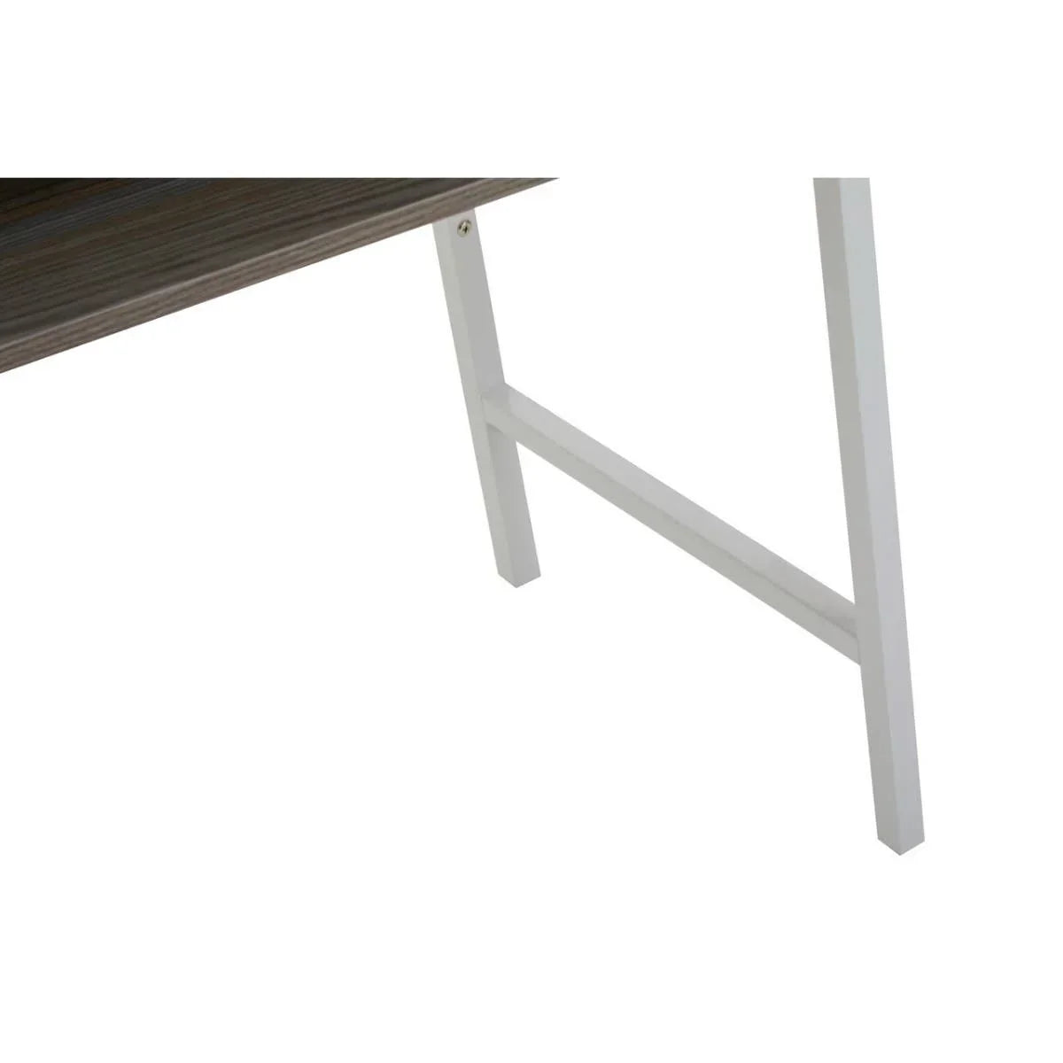 Close detail of dining table leg with white metal frame and wood finish tabletop