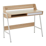 Oak effect computer desk with white metal legs, open shelf and single drawer