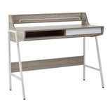 Wooden office desk with white metal legs, open storage shelf, and single drawer