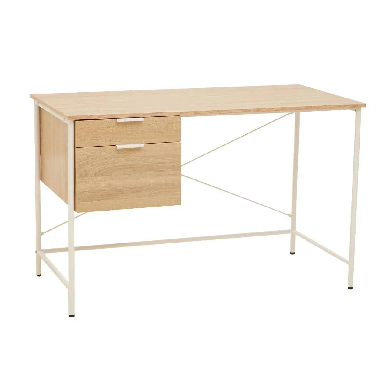 Light oak office desk with two drawers and white metal frame, angled front view