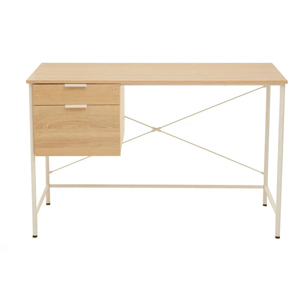 Oak effect office desk with white metal frame and two drawers, front view