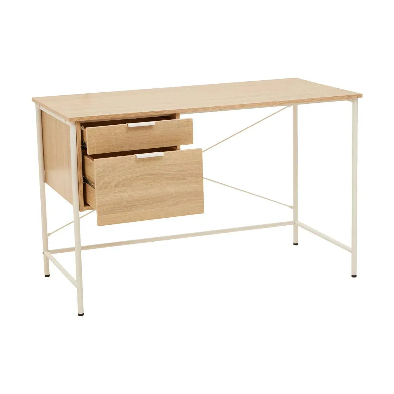 Oak effect desk with two drawers and white metal frame