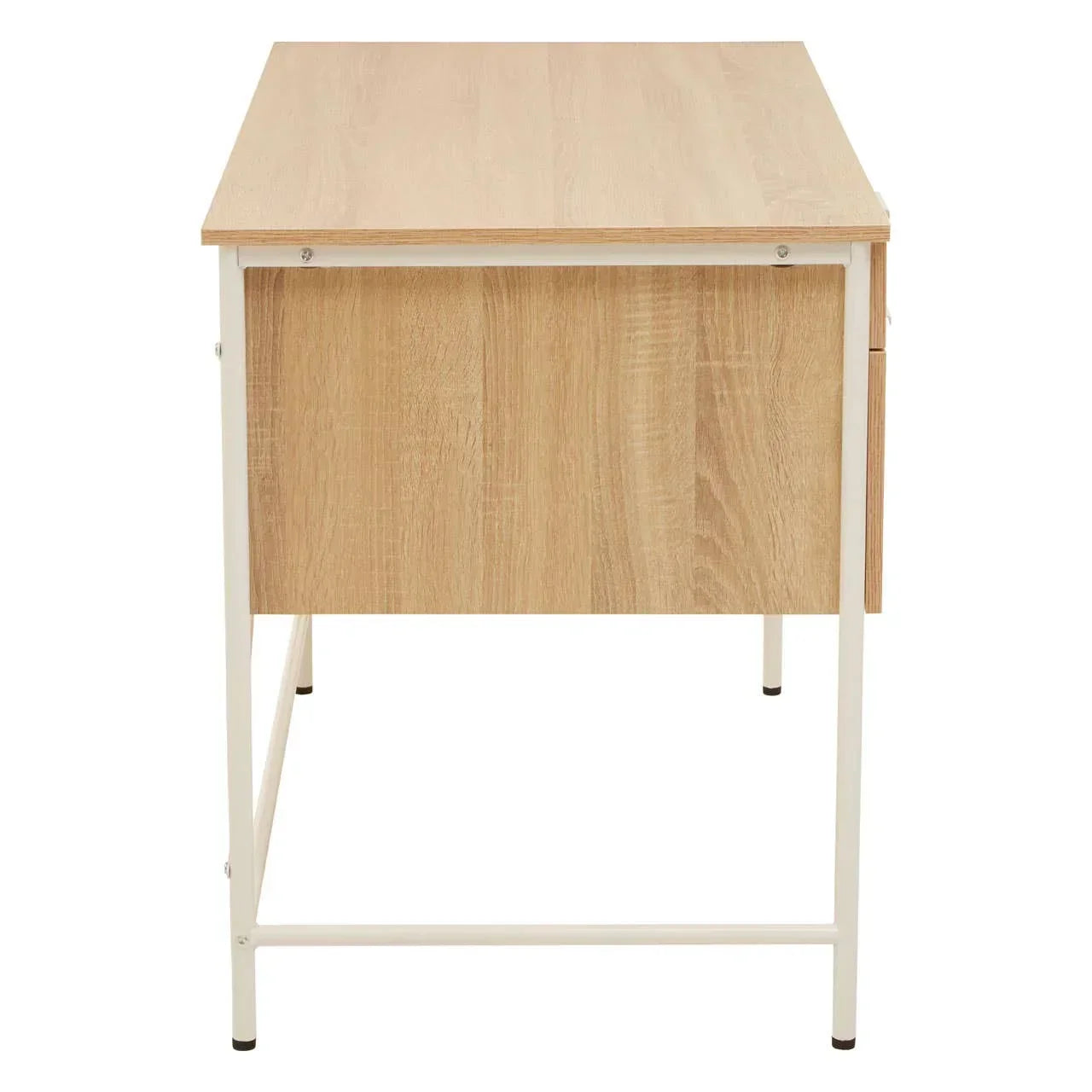 Oak-effect desk with white metal frame, rear panel and straight leg design, rear angle view