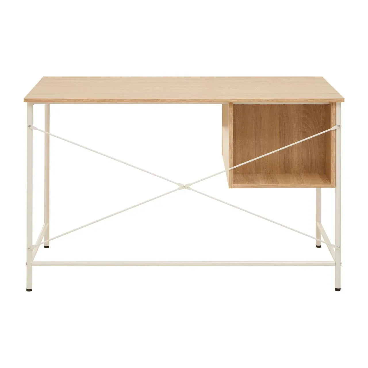 Wood effect desk with white metal frame and open side storage compartment, front view