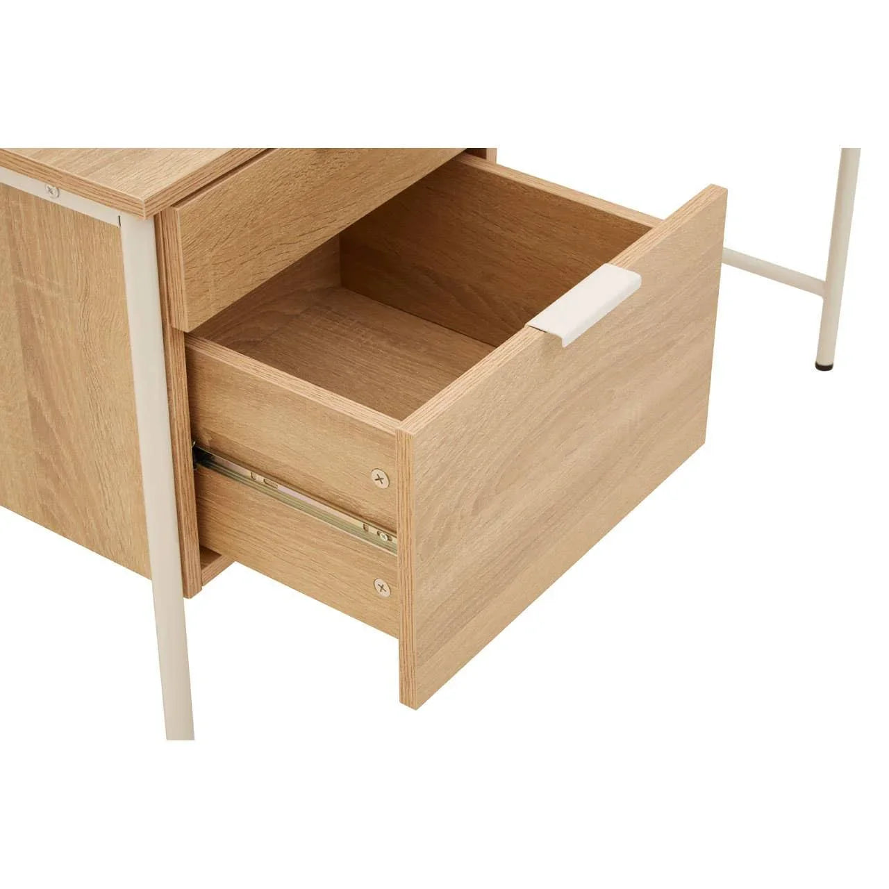 Light oak bedside table with metal frame and open bottom drawer, viewed from angle