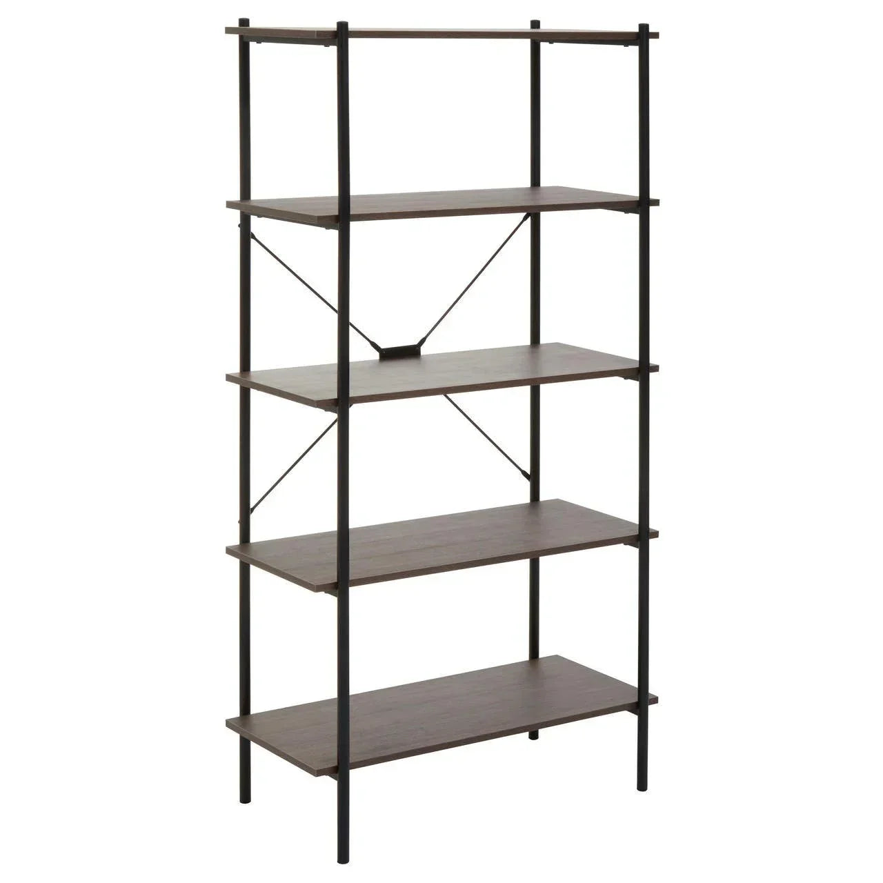 Industrial bookshelf with four dark wood shelves and black metal frame, angled view