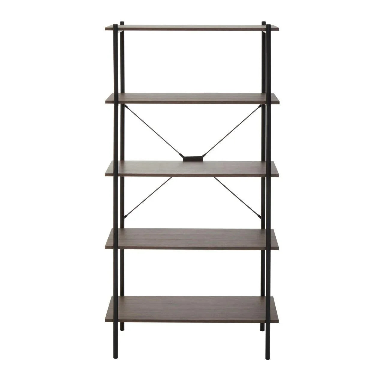 Five tier wooden shelving unit with black metal frame and open back design