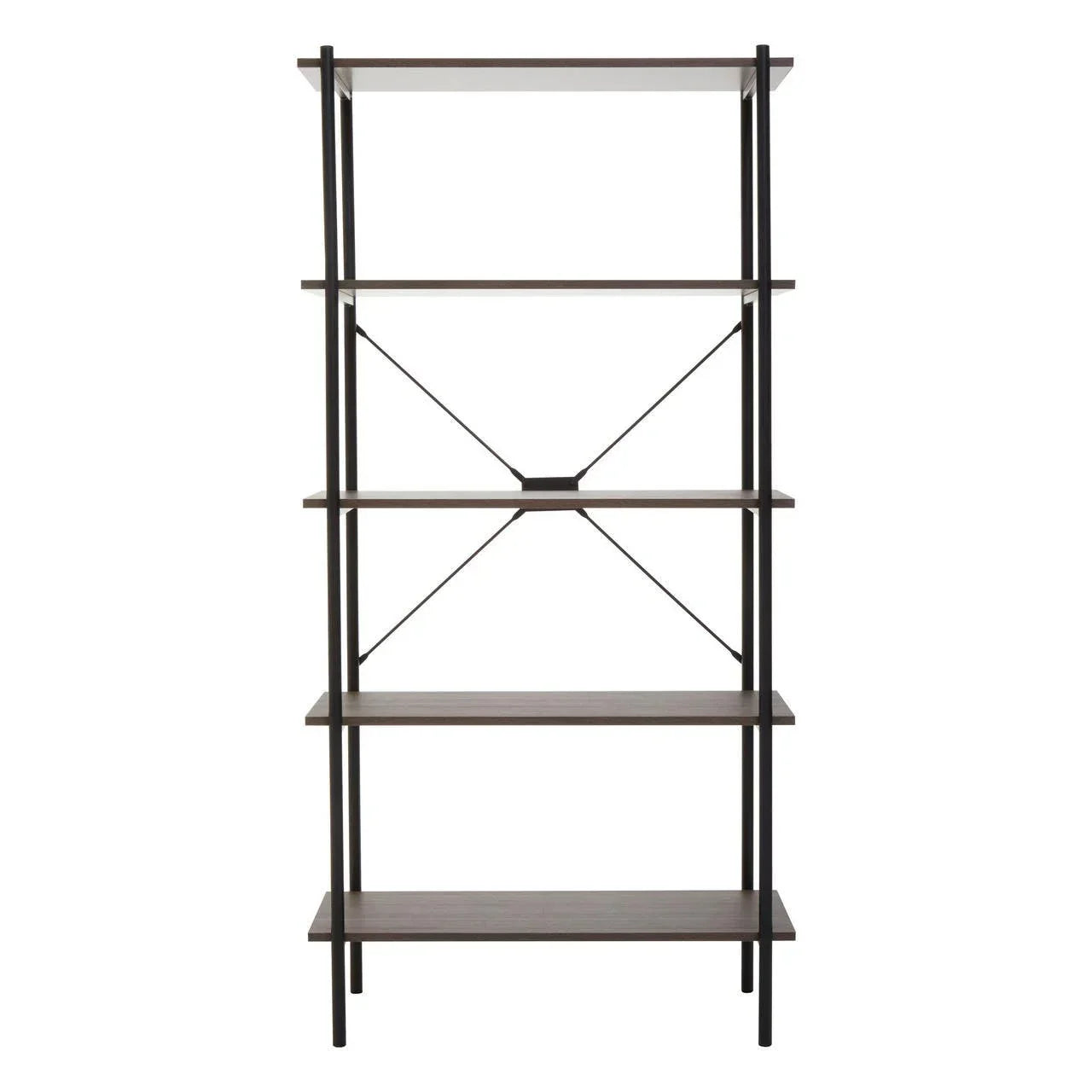 Modern wooden shelving unit with black metal frame and five open shelves