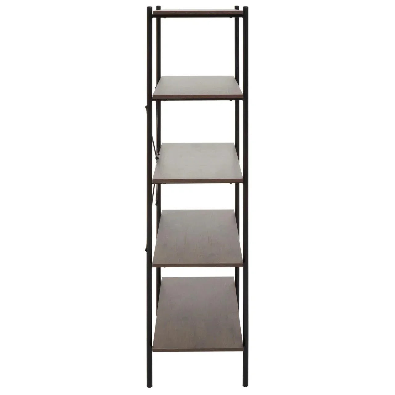 Tall shelving unit with black metal frame and five wooden shelves, front view