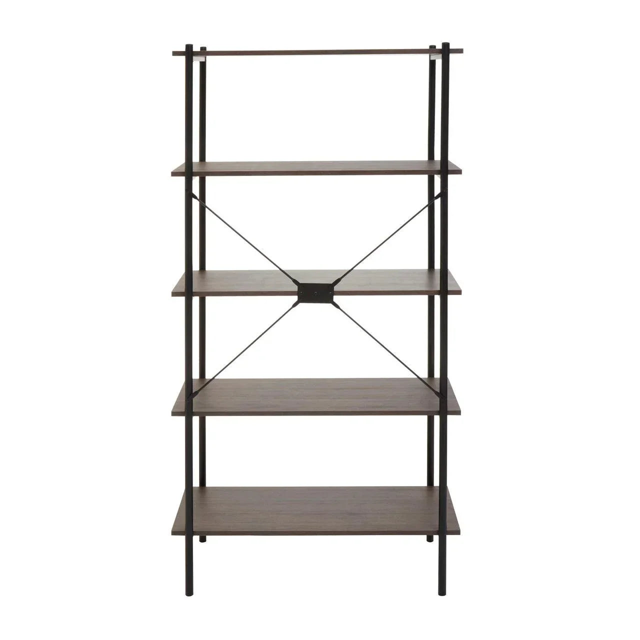 Industrial bookshelf with four wooden shelves and black metal frame, front view