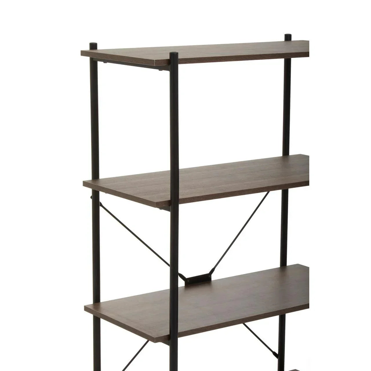 Industrial shelving unit with dark wood shelves and black metal frame, angled side view