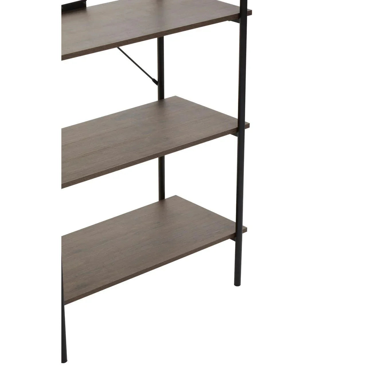 Three-tier wood and metal shelving unit with open frame and dark brown shelves
