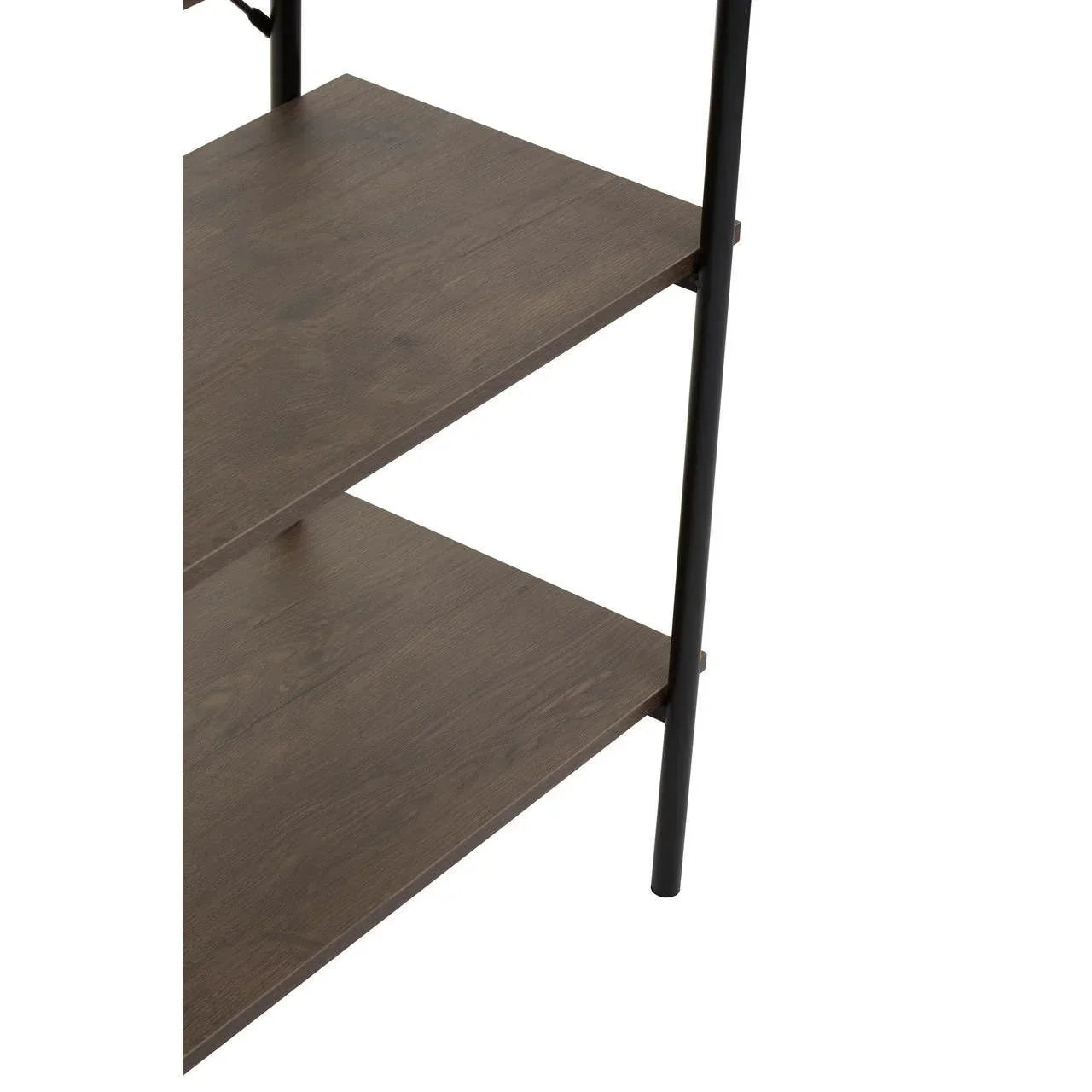 Closeup of wooden shelving unit with black metal frame and two flat brown shelves