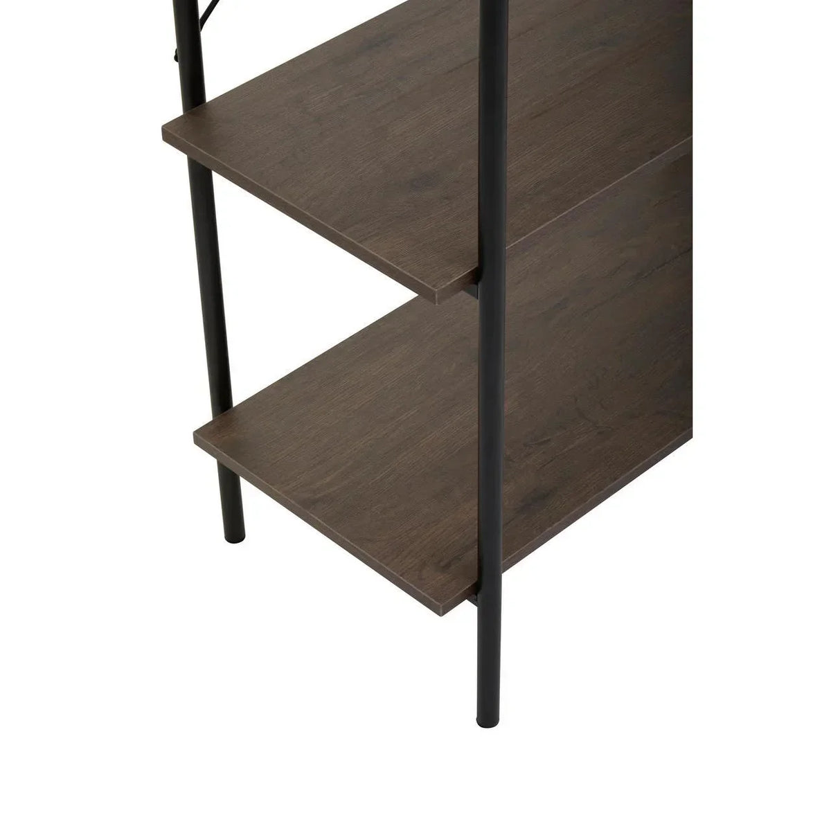 Closeup of wooden shelving unit with black metal frame and dark brown shelves