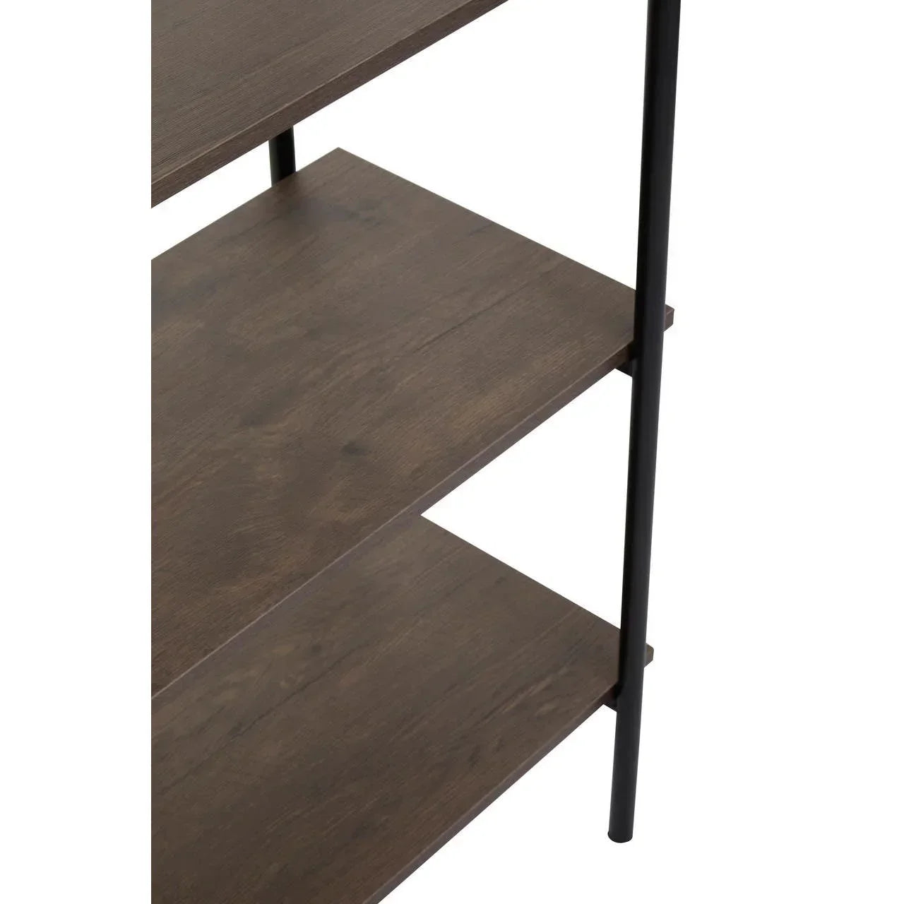 Dark wood shelving unit with black metal frame, close-up of shelves and leg detail