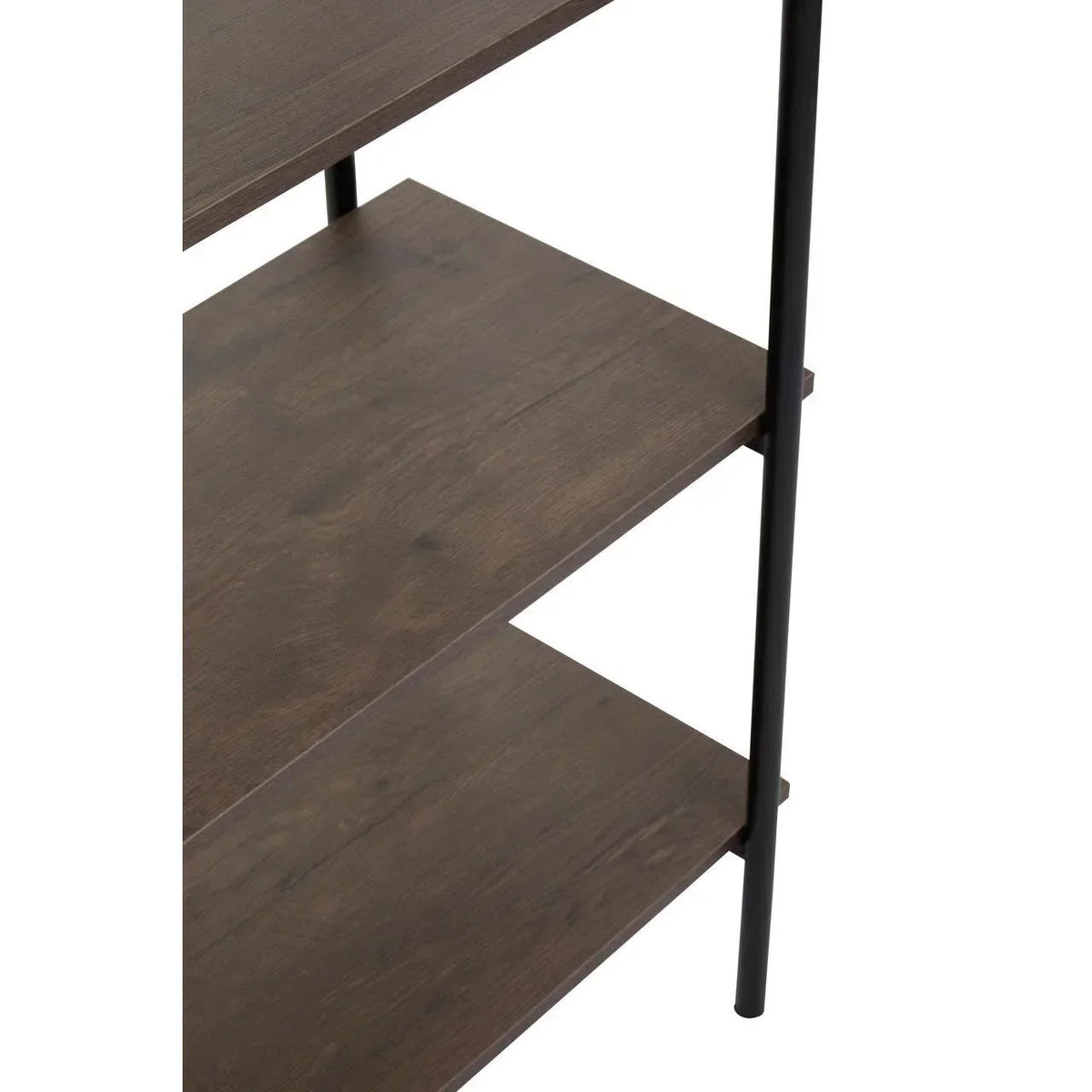 Dark wood shelving unit with black metal frame, close-up of shelves and leg detail