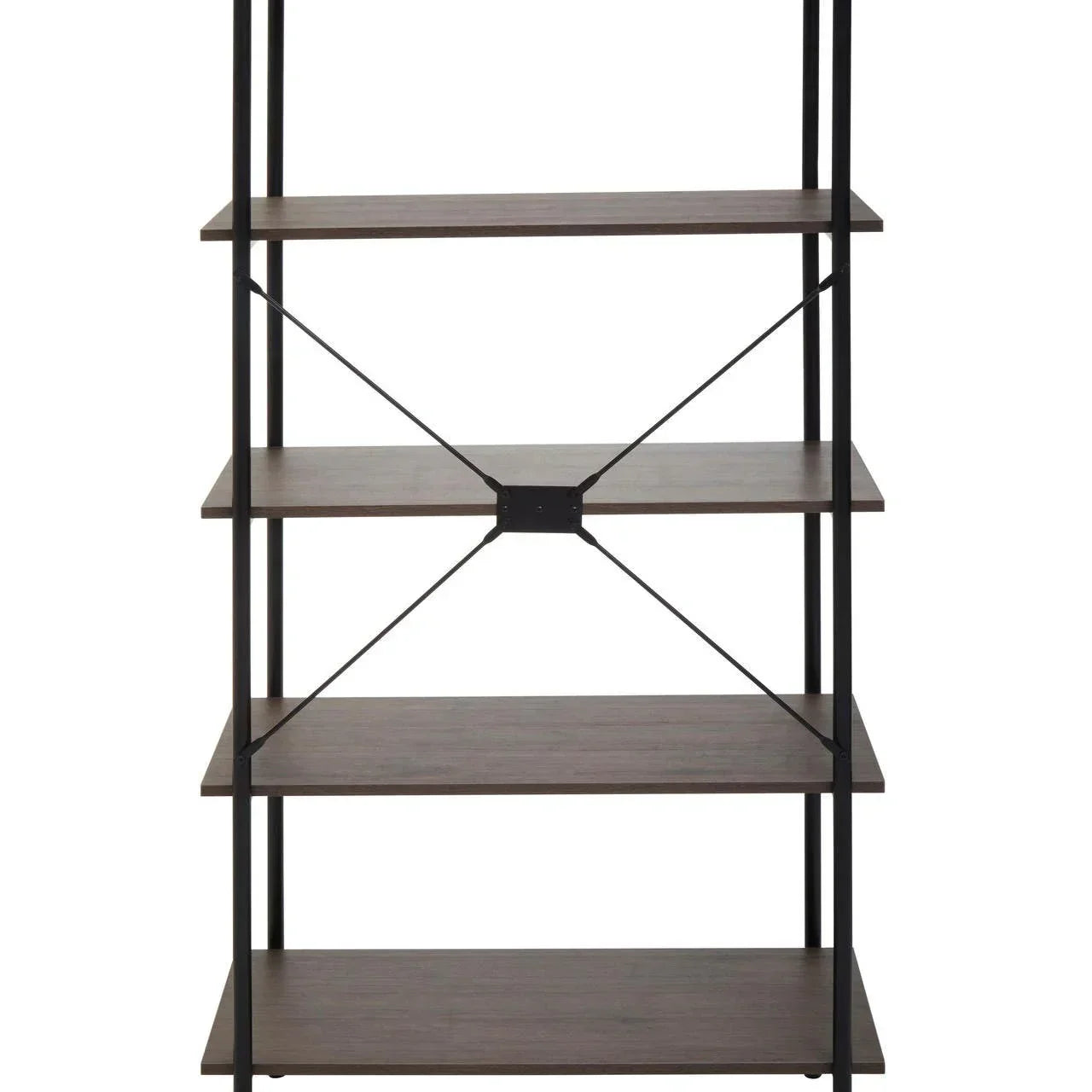 Industrial style shelving unit with black metal frame and wood shelves, front view