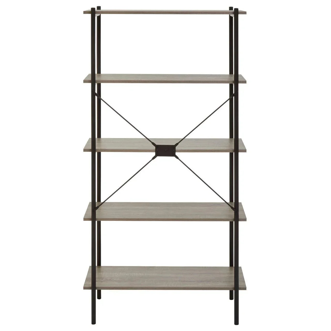 Tall wood and metal shelving unit with five shelves and black frame, front view