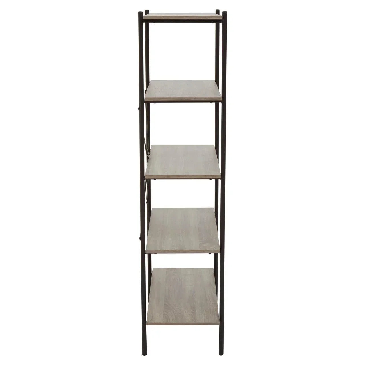 Tall shelving unit with five wood shelves and black metal frame, front facing view