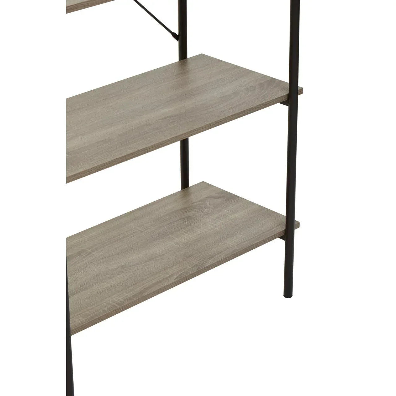 Closeup of three-tier wooden shelf with black metal frame and light oak finish
