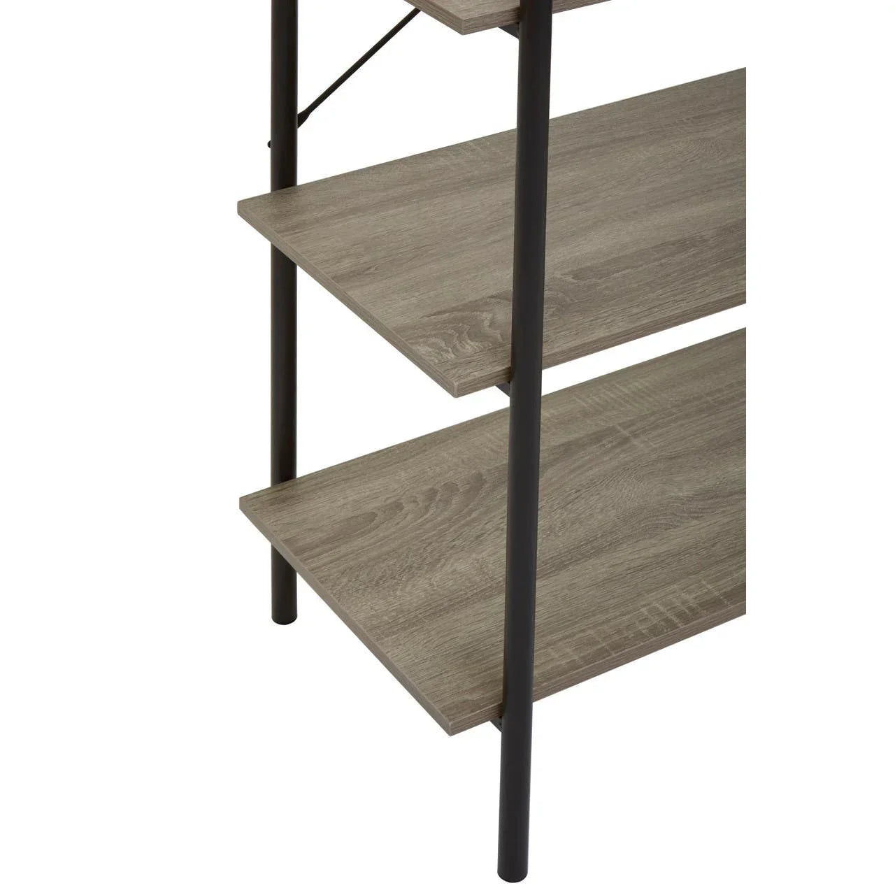 Closeup of wooden shelving unit with black metal frame and three grey oak shelves