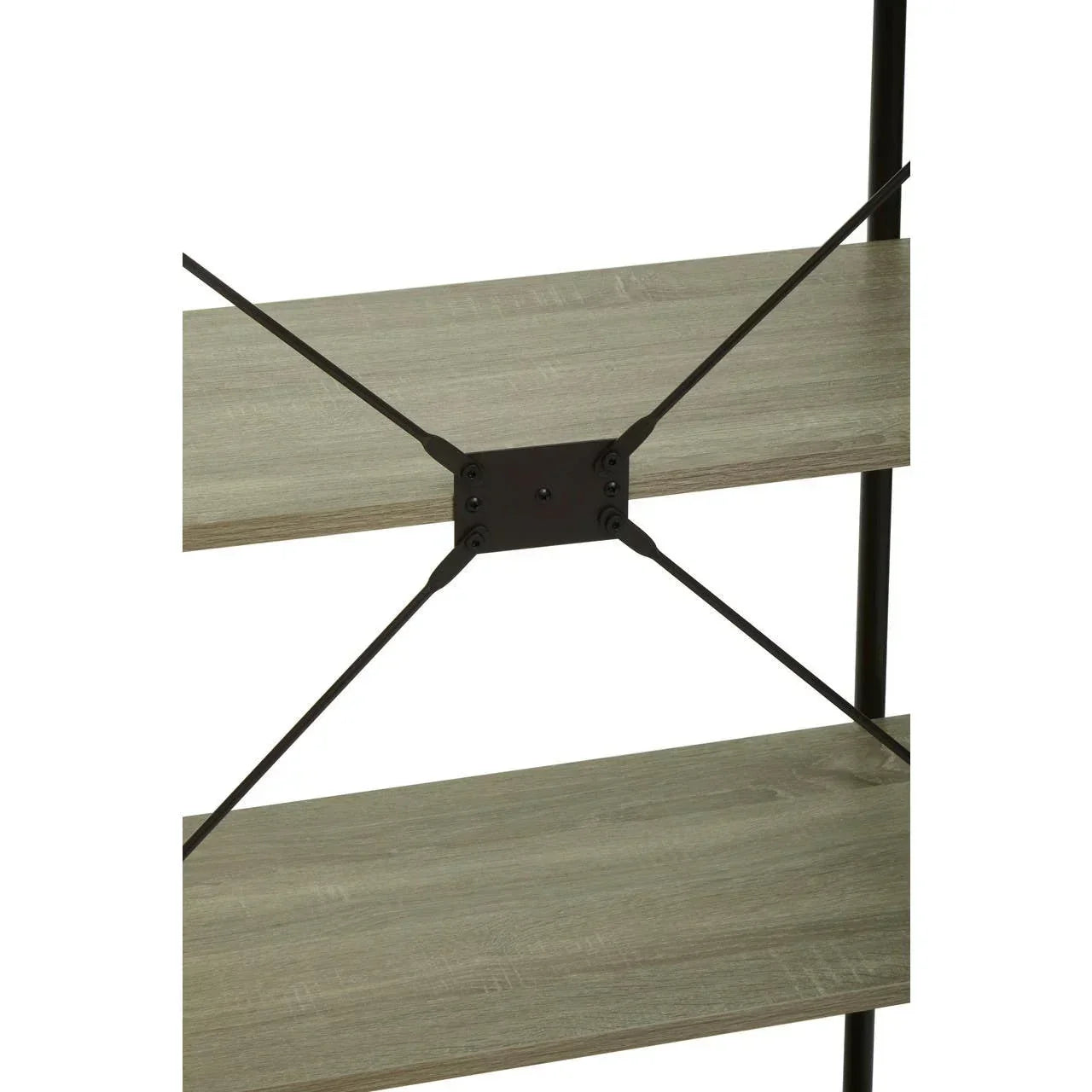 Closeup of wood bookshelf shelves with black metal cross brace support