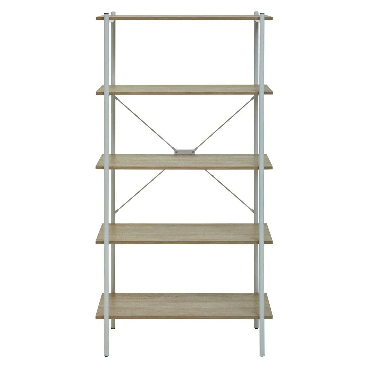 Light wood bookcase with five open shelves and metal frame, front view