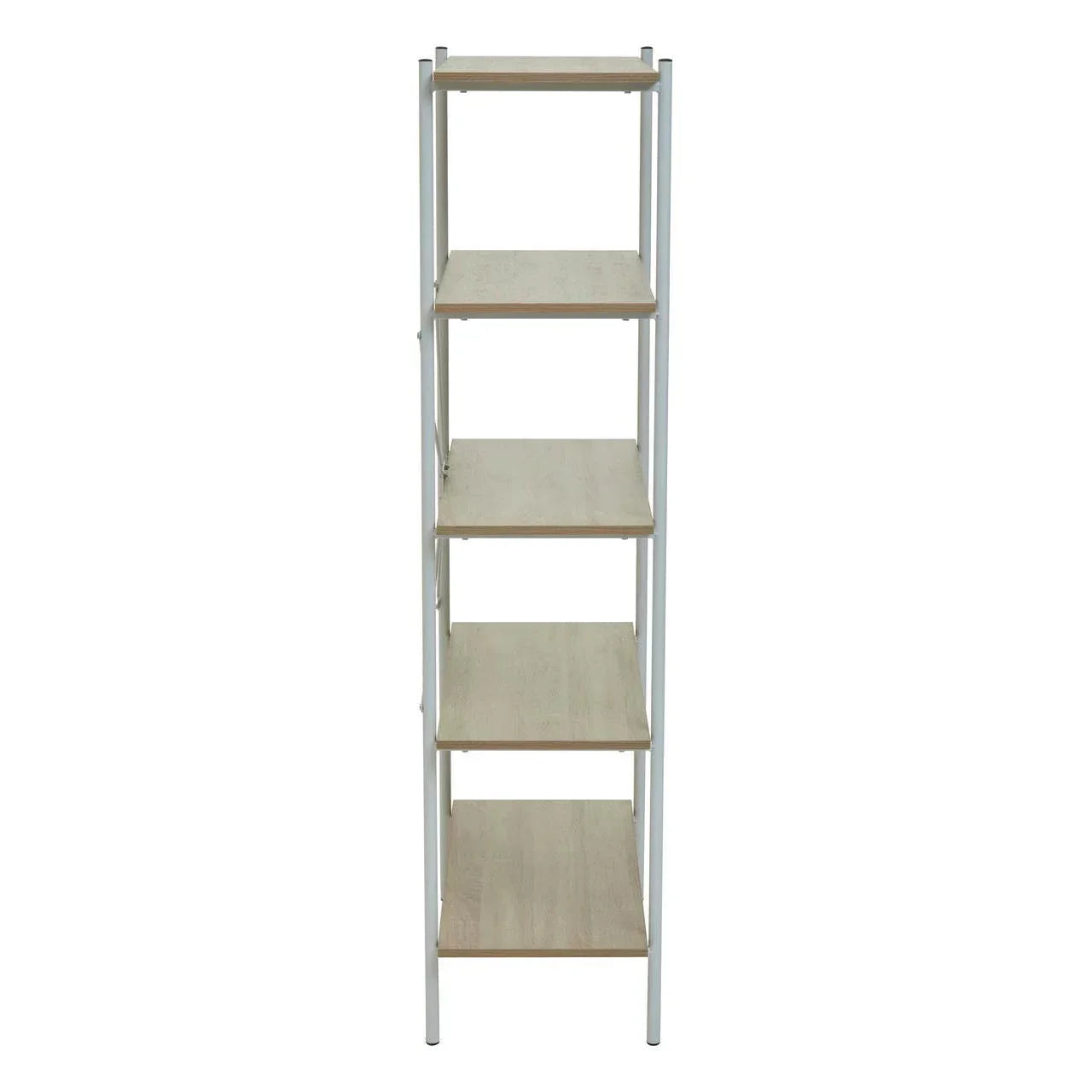 Tall shelving unit with five wood shelves and white metal frame, front view