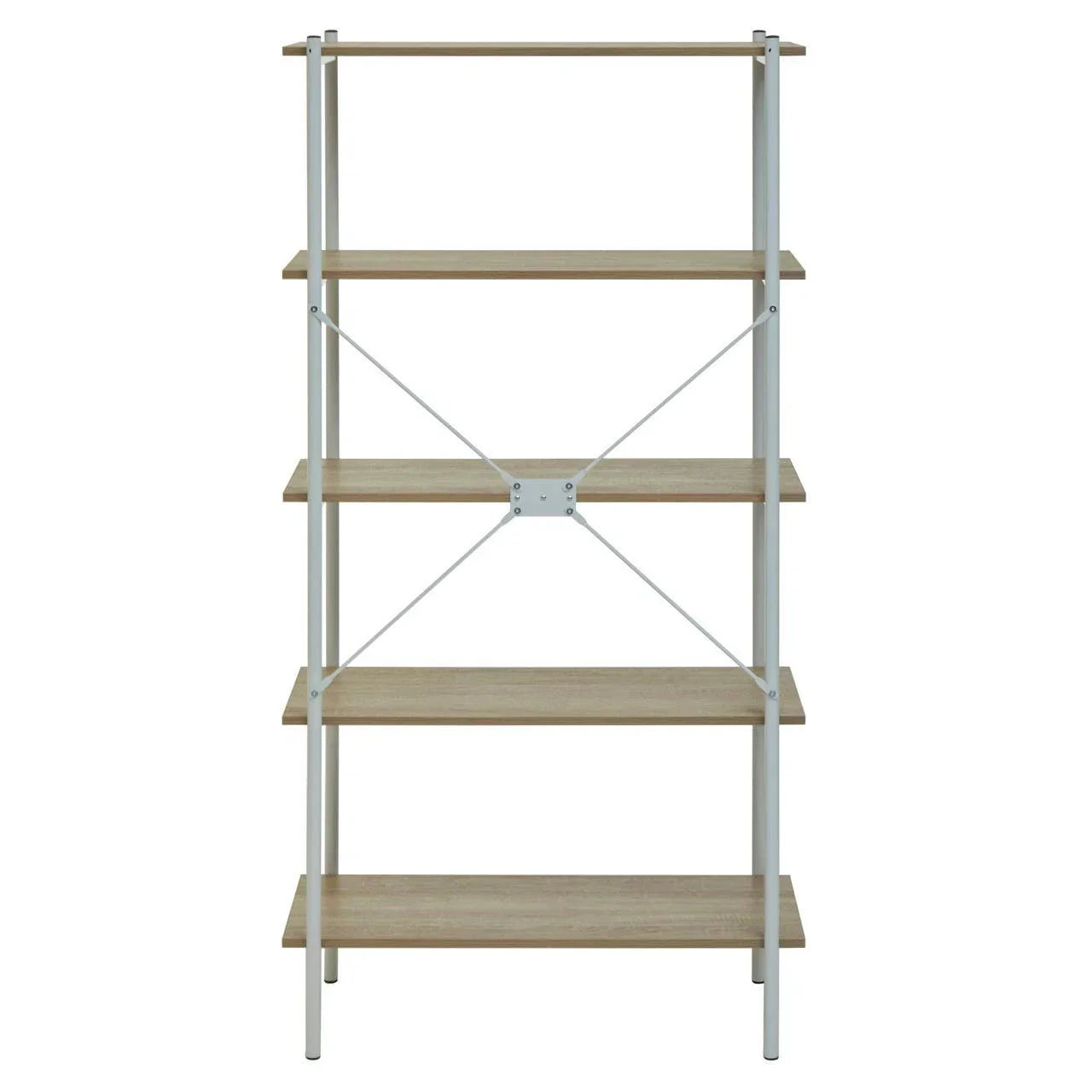 Five tier shelving unit with light wood shelves and white metal frame, front view