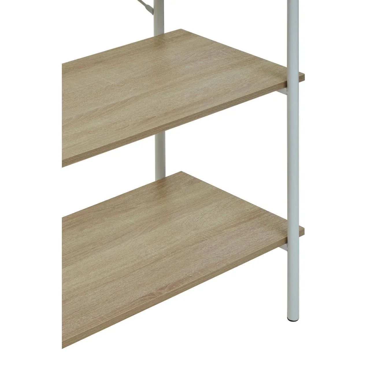 Close-up of two-tier wooden shelving unit with white metal frame