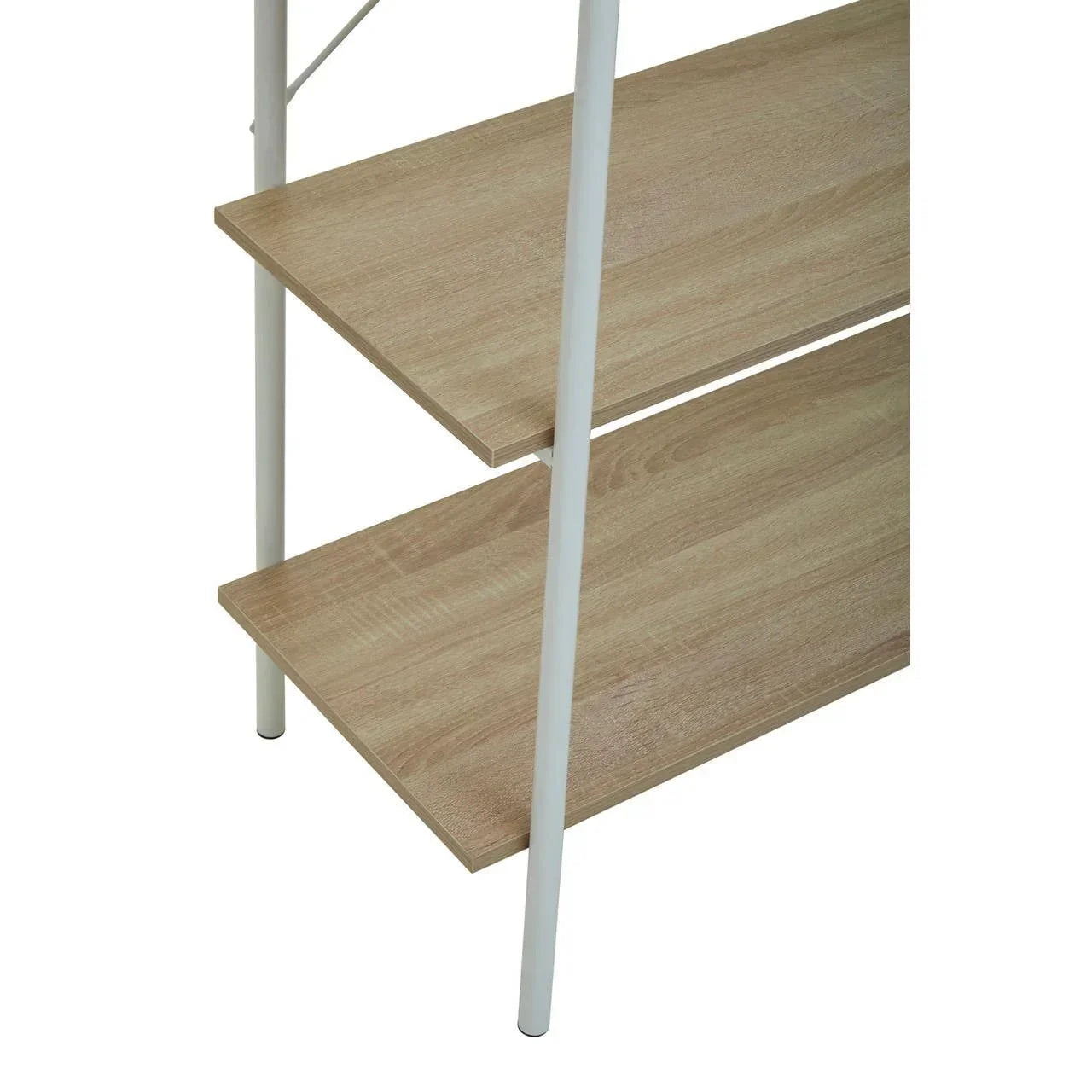 Closeup of wooden shelving unit with light wood finish and white metal frame
