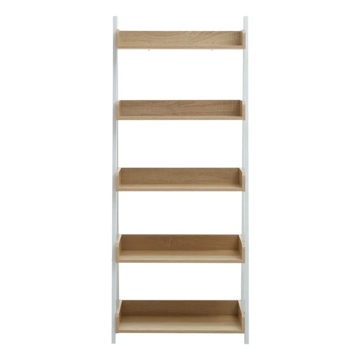 Five tier wooden shelving unit with white frame and natural oak shelves, front view