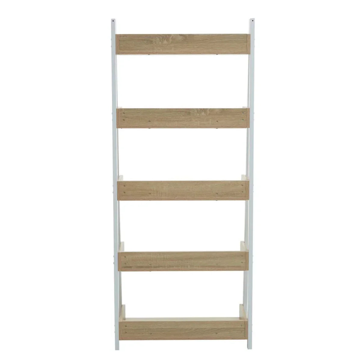 Modern wooden shelving unit with five light oak shelves and white frame, front view